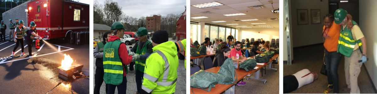 Pictures of DeKalb County CERT in action, extinguishing a fire, working as a team on a scene, sitting in a classroom, and assisting the injured evacuate. 