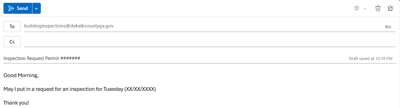Snippet of an Email to the Building Inspections Inbox