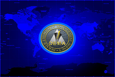 Blue background of the world with DeKalb Emergency Management Agency round logo.