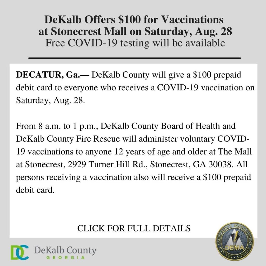 DeKalb Offers $100 for Vaccinations at Stonecrest Mall on Saturday, Aug. 28